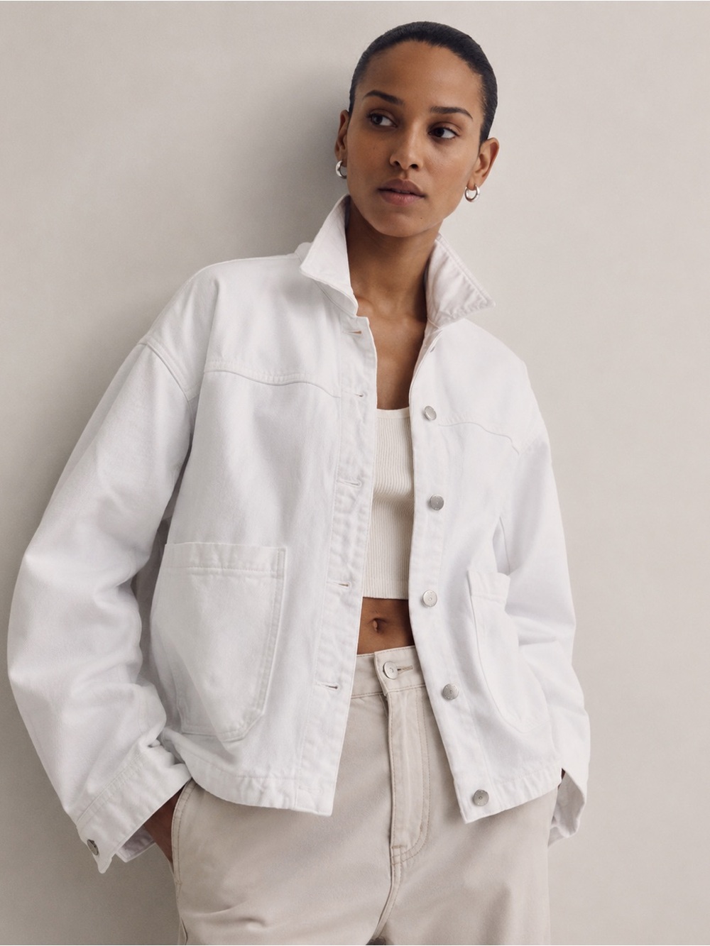 Zara White Denim Jacket Women’s Size M Oversized Utility High Collar